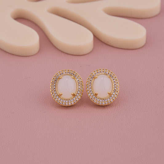 Golden Oval Stud Earrings with White Stone & Crystal Halo