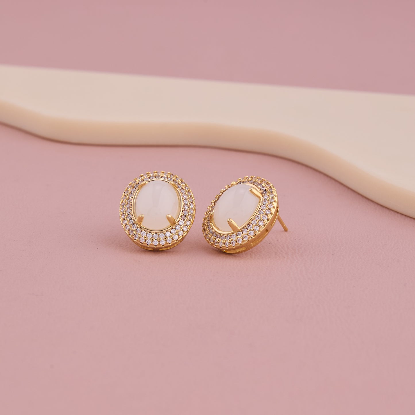 Golden Oval Stud Earrings with White Stone & Crystal Halo