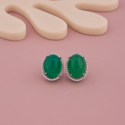 Emerald Green Oval Stud Earrings with Diamond Halo
