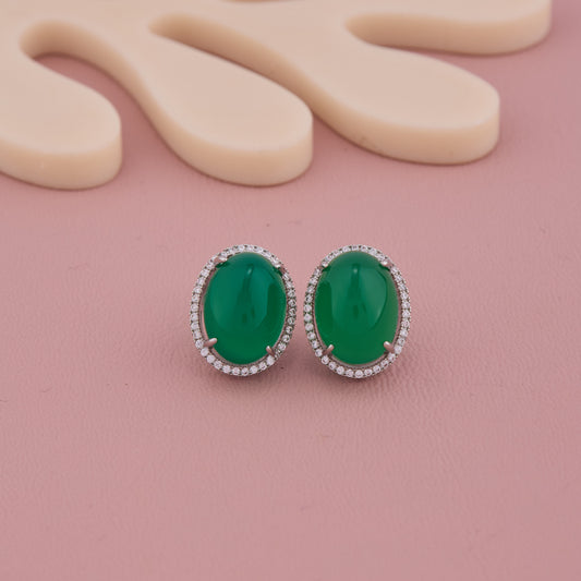 Emerald Green Oval Stud Earrings with Diamond Halo