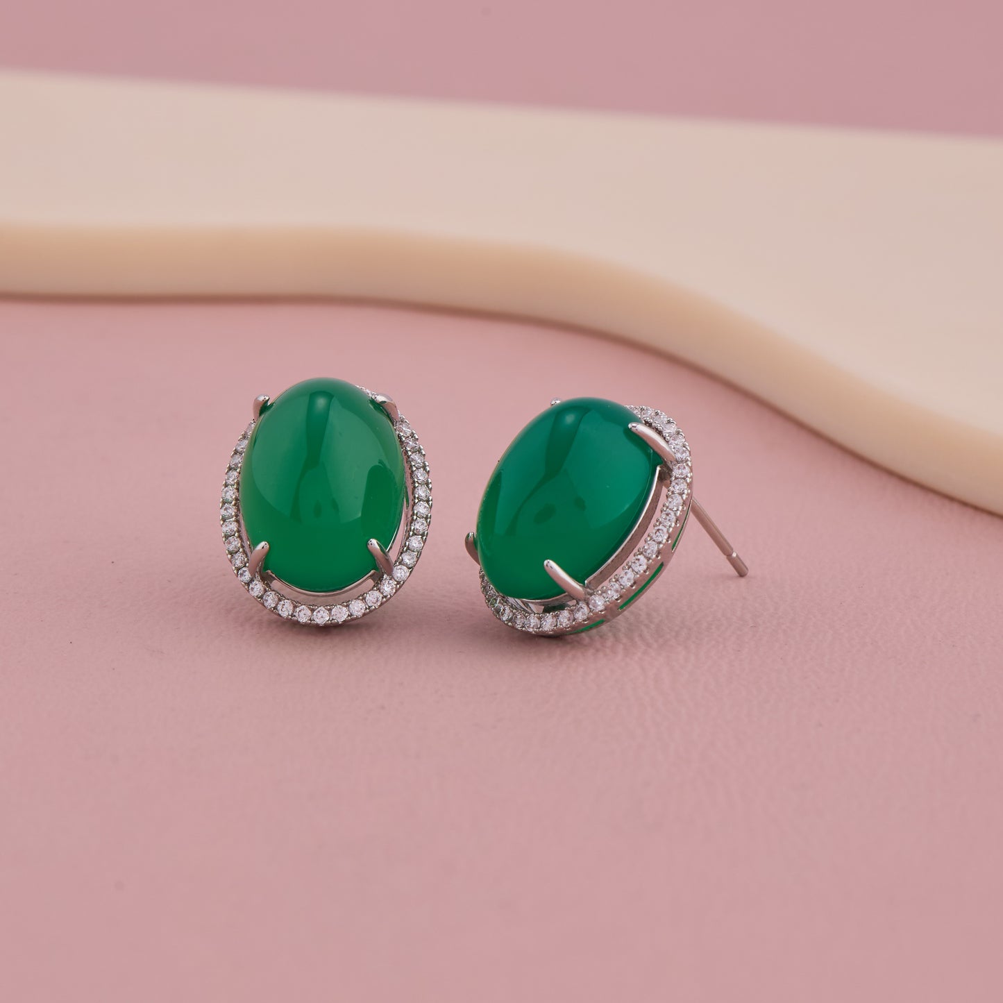 Emerald Green Oval Stud Earrings with Diamond Halo