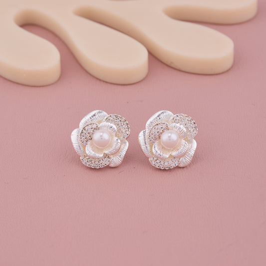 Elegant Pearl & Diamond Blossom Stud Earrings