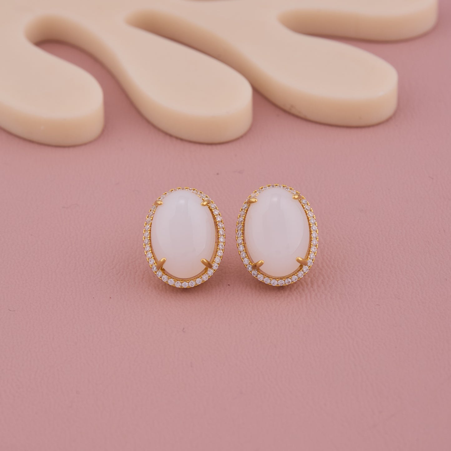 Classic Oval White Stone Stud Earrings with Diamond Halo