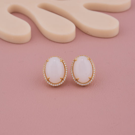 Classic Oval White Stone Stud Earrings with Diamond Halo
