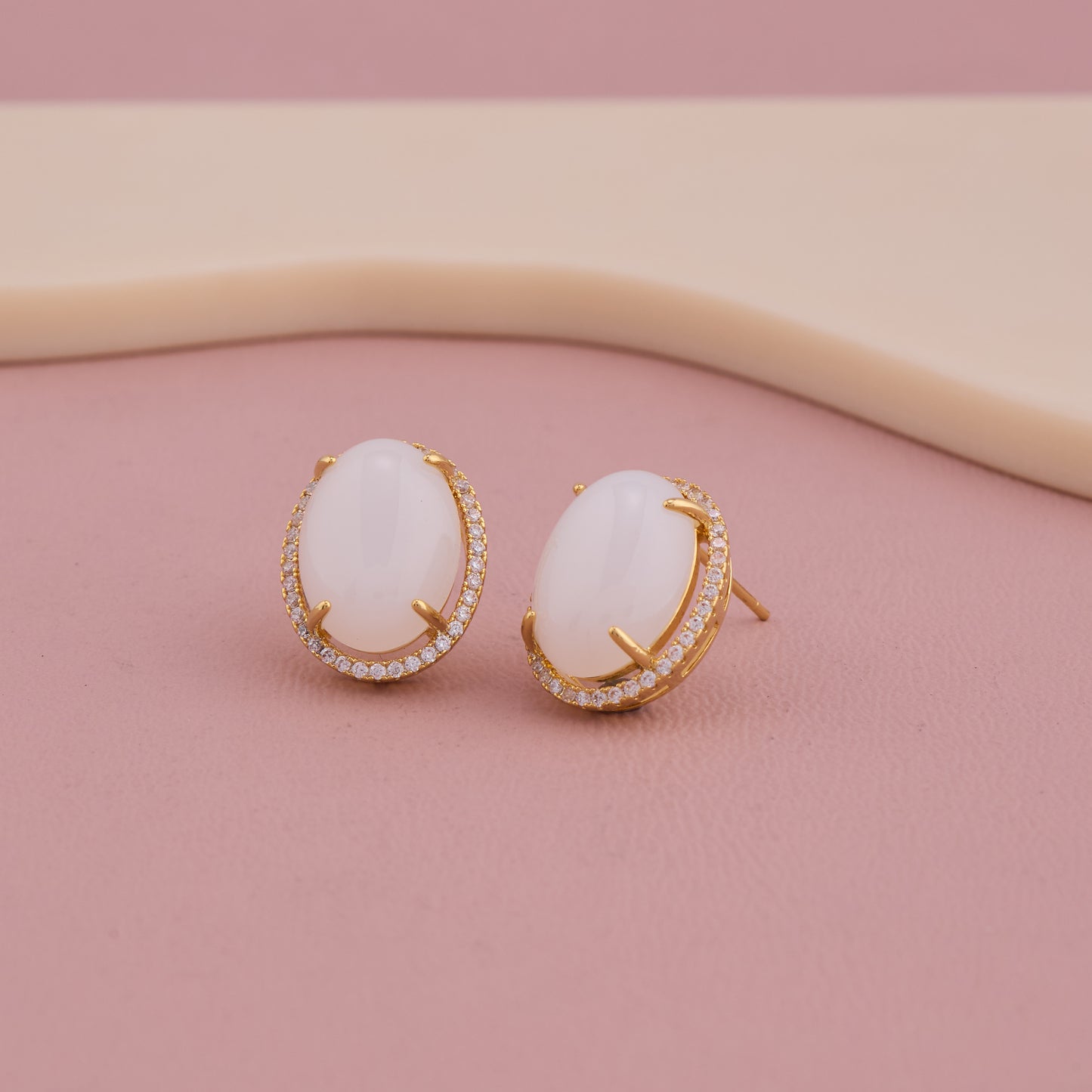 Classic Oval White Stone Stud Earrings with Diamond Halo