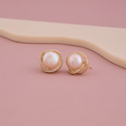 Pearl Stud Earrings With Diamond Halo