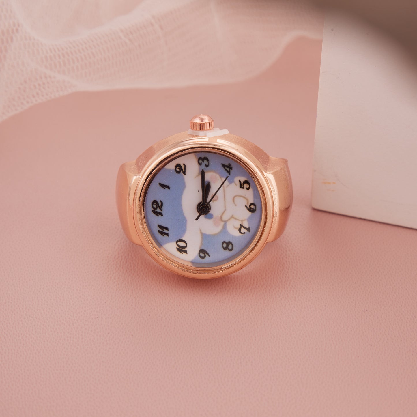 Rose Gold Cloud Print Analog Ring Watch for Women