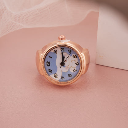 Rose Gold Cloud Print Analog Ring Watch for Women