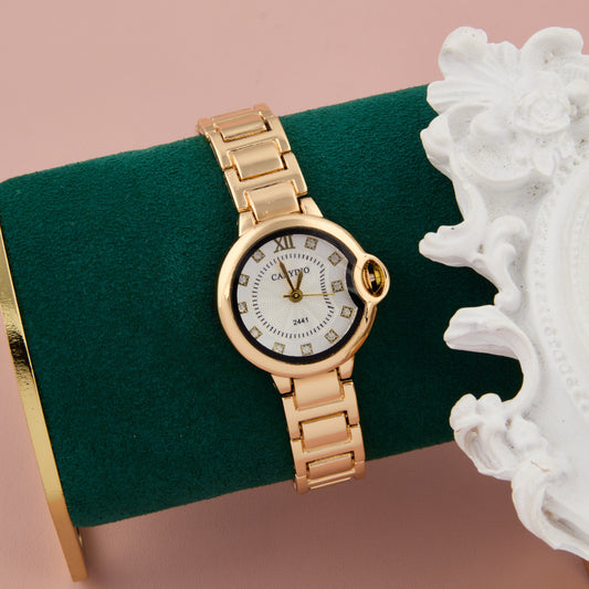 Stylish Gold-Tone Women’s Watch with Round Dial and Crystal Hour Markers