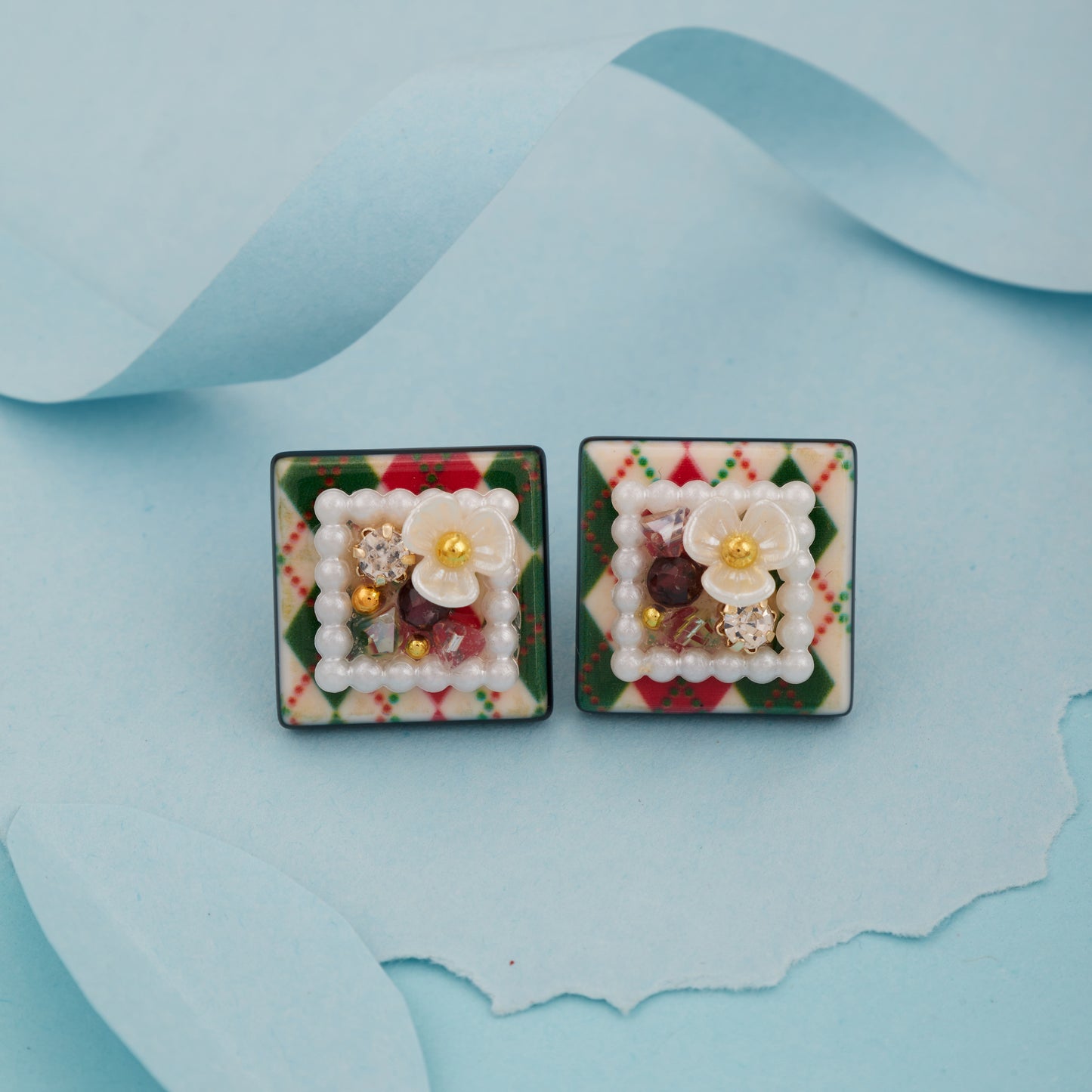 Floral Square Stud Earrings with Pearl & Crystal Embellishments for Women