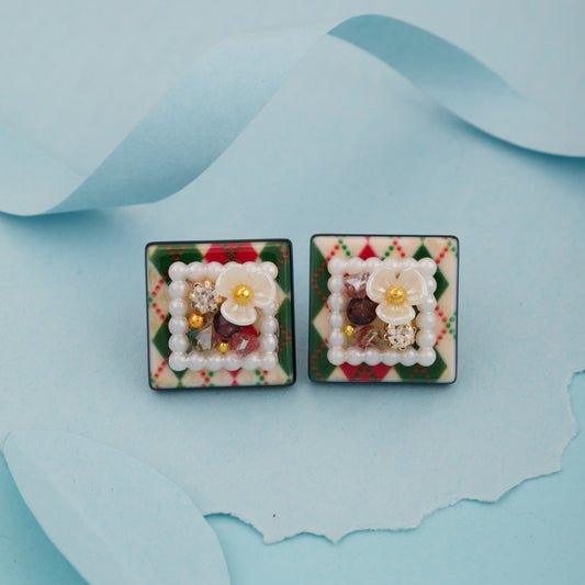 Floral Square Stud Earrings with Pearl & Crystal Embellishments for Women