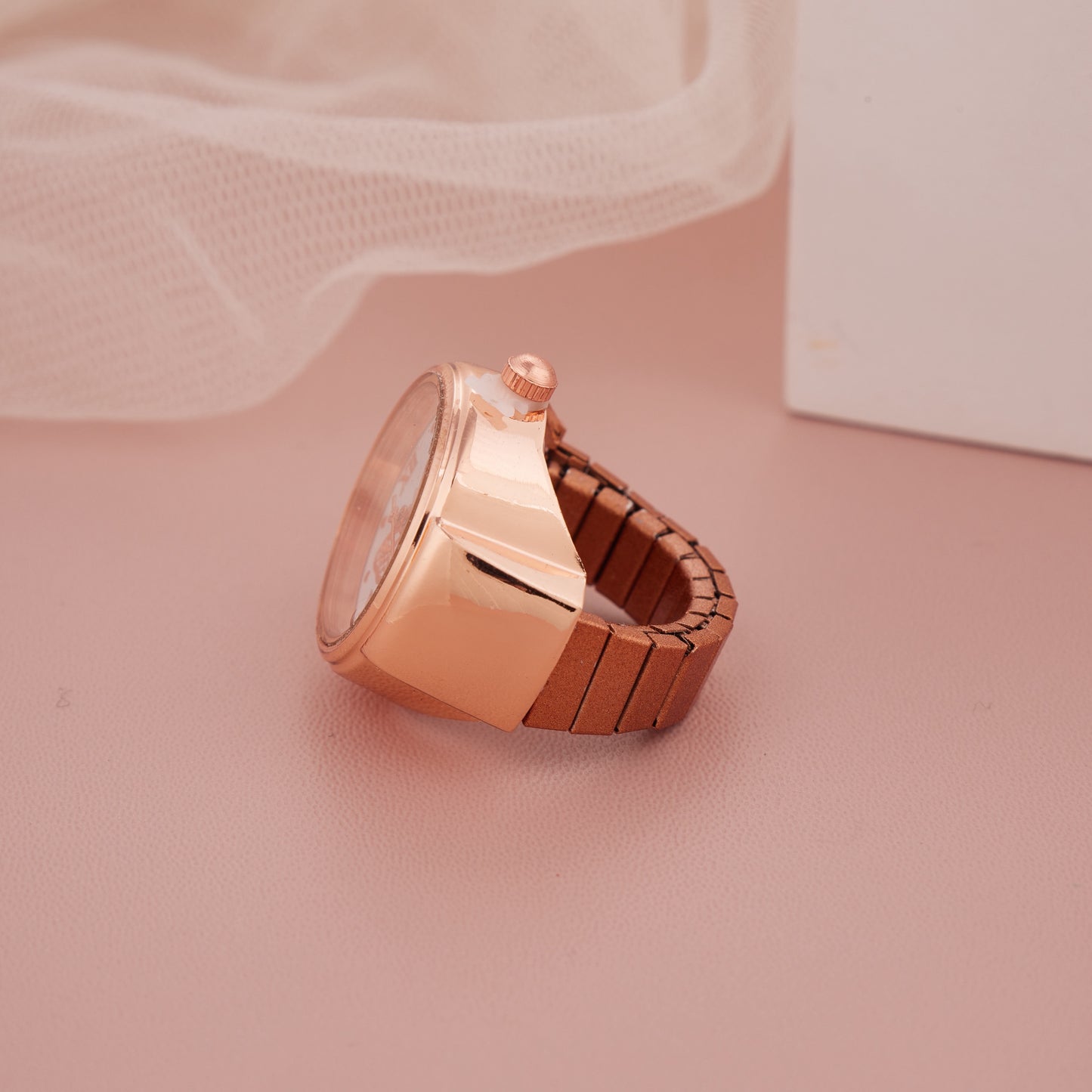 Elegant Rose Gold Ring Watch with Butterfly Dial & Roman Numerals