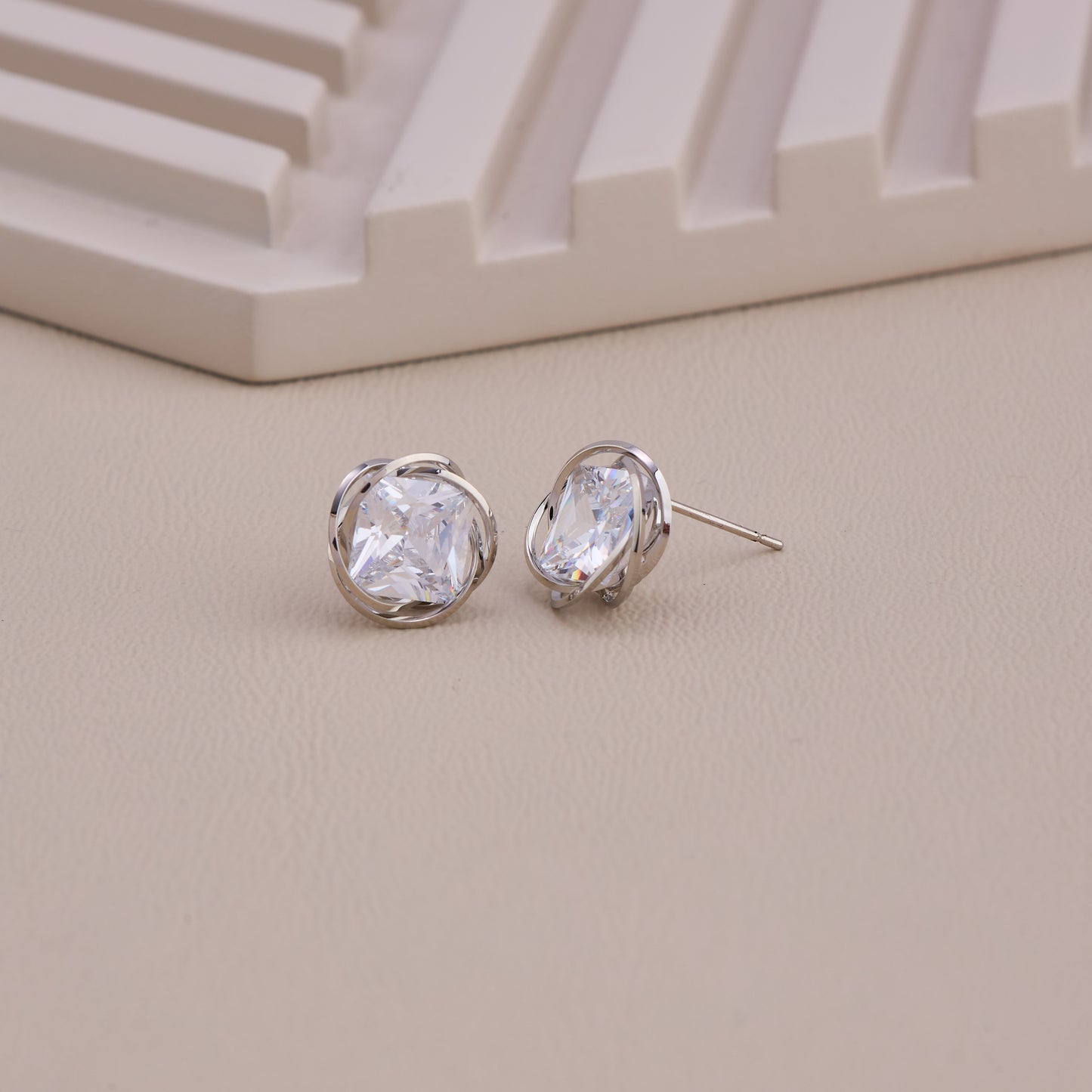 Silver Twisted Halo Crystal Stud Earrings