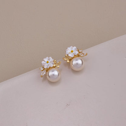 Floral Pearl Drop Stud Earrings