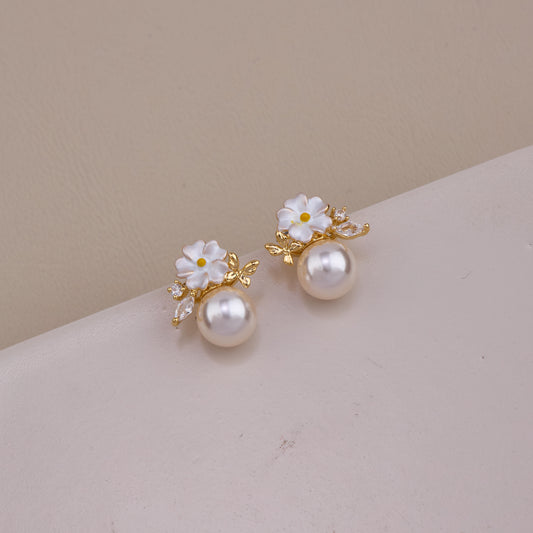 Floral Pearl Drop Stud Earrings
