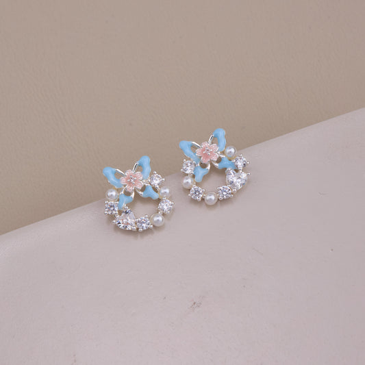 Butterfly Pearl Crystal Stud Earrings
