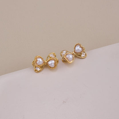 Heart Pearl Bow Stud Earrings