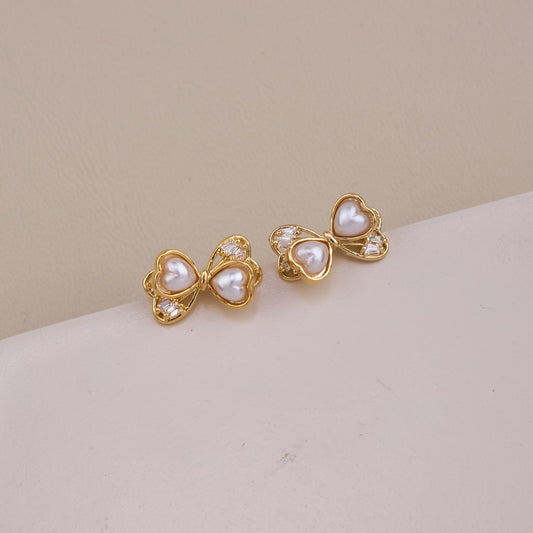 Heart Pearl Bow Stud Earrings