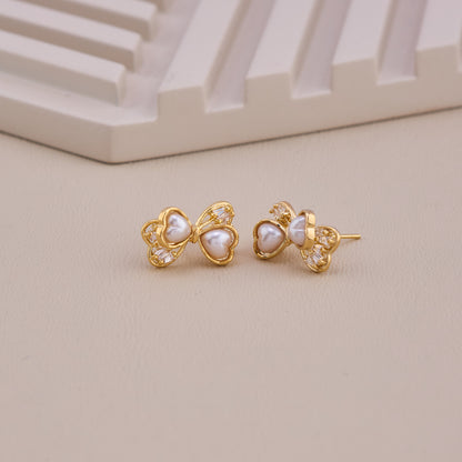 Heart Pearl Bow Stud Earrings