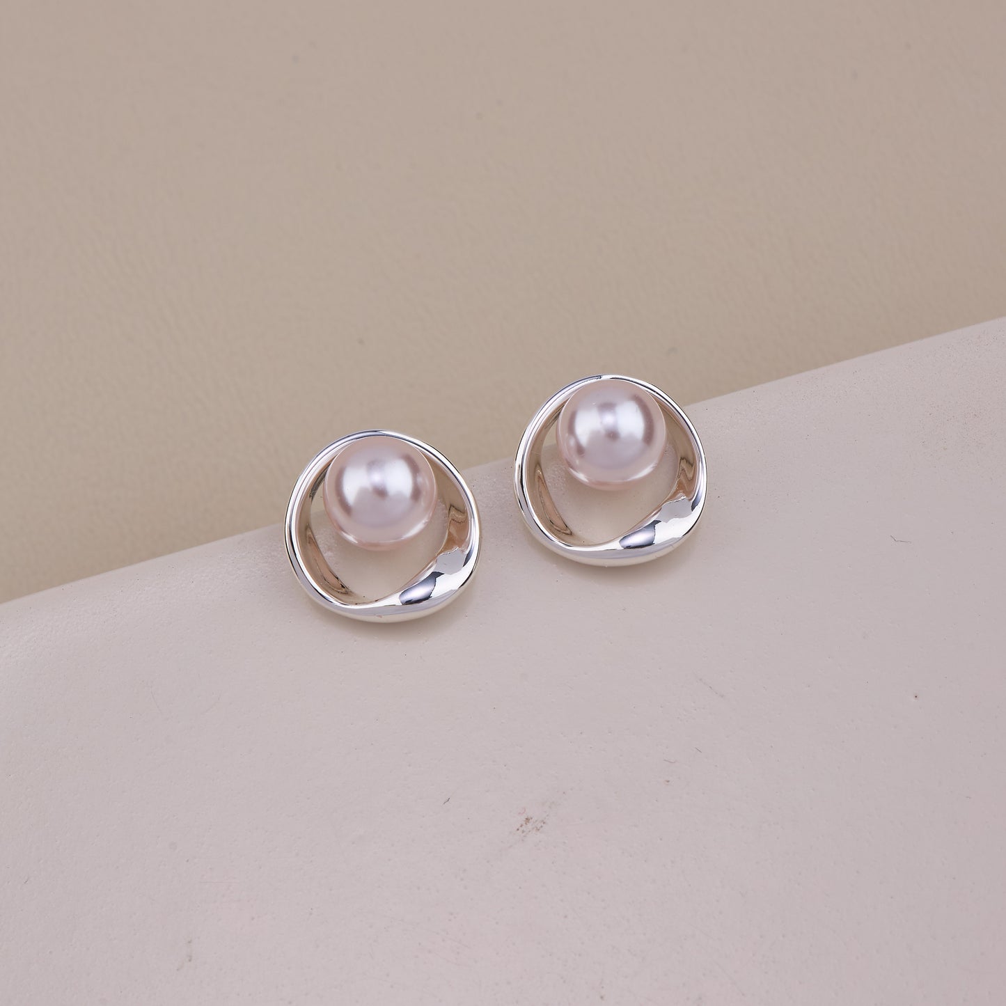 Silver Pearl Circle Stud Earrings
