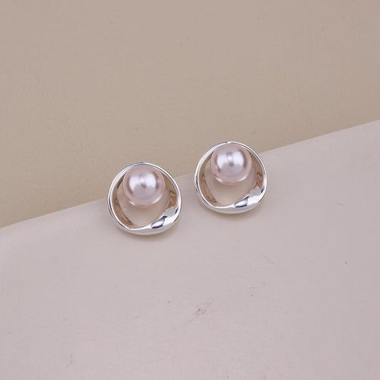 Silver Pearl Circle Stud Earrings