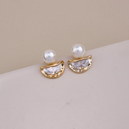 Pearl and Crystal Half Moon Stud Earrings