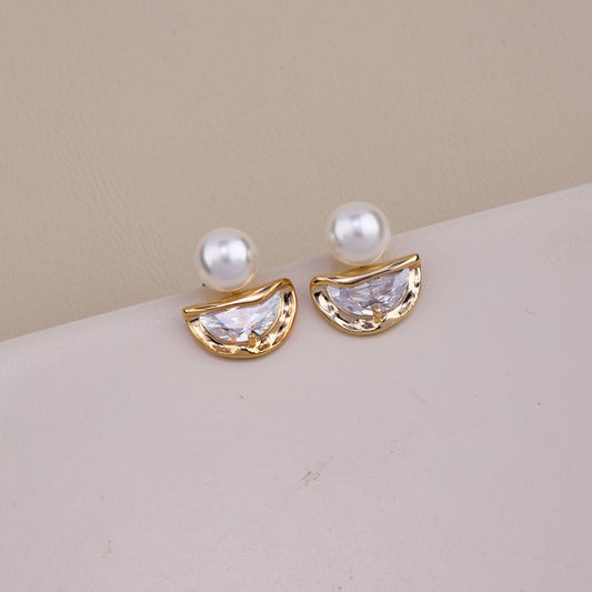 Pearl and Crystal Half Moon Stud Earrings
