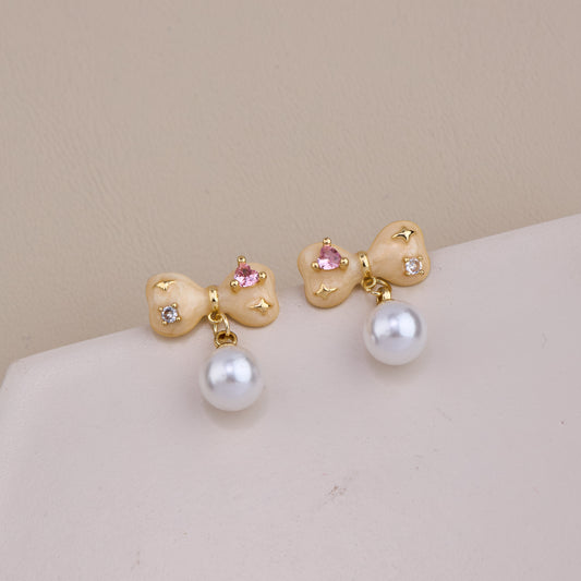 Bow Pearl Drop Stud Earrings