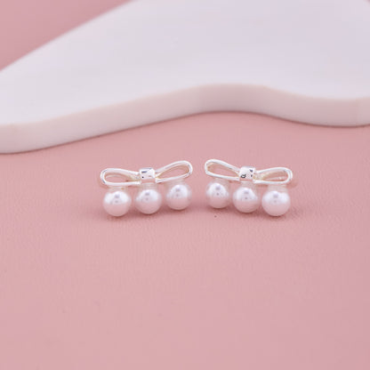 Silver Bow Pearl Stud Earrings