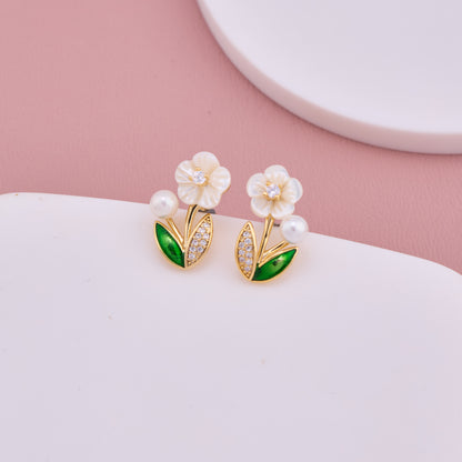 Floral Pearl Leaf Stud Earrings