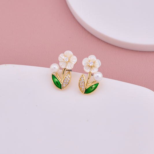 Floral Pearl Leaf Stud Earrings
