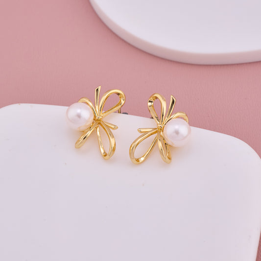 Golden Ribbon Pearl Stud Earrings