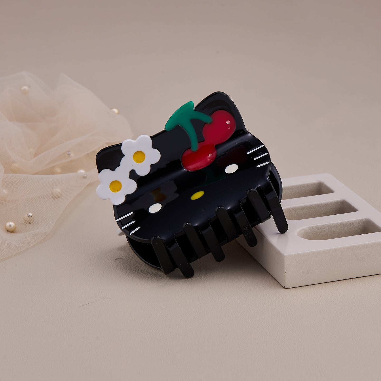 Black Hello Kitty Hair Claw Clip with Cherry Design