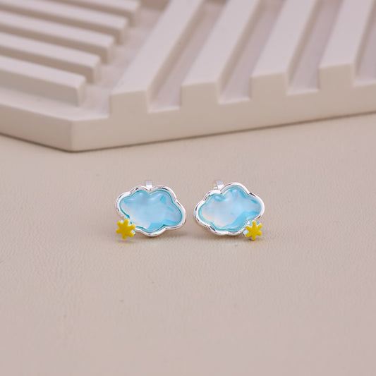 Blue Cloud Stud Earrings with Yellow Star Accent