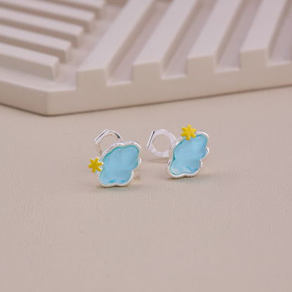 Blue Cloud Stud Earrings with Yellow Star Accent