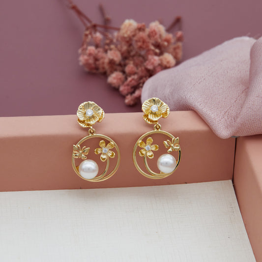 Gold Earrings with Pearls & Floral Motifs