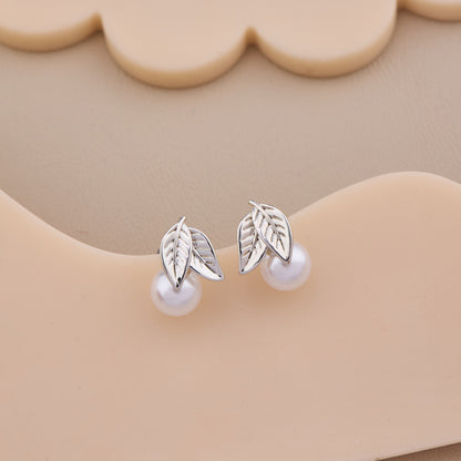 Silver Leaf Pearl Studs