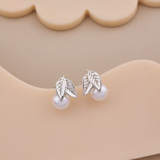 Silver Leaf Pearl Studs