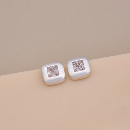 Frosted Silver Grid Stud Earrings