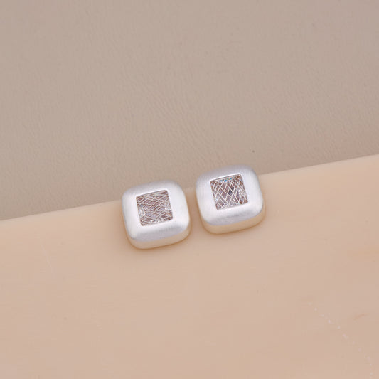 Frosted Silver Grid Stud Earrings