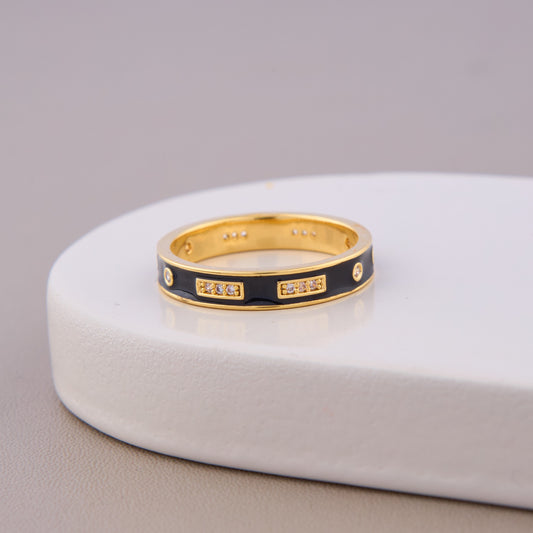 Gold Black Enamel CZ Ring