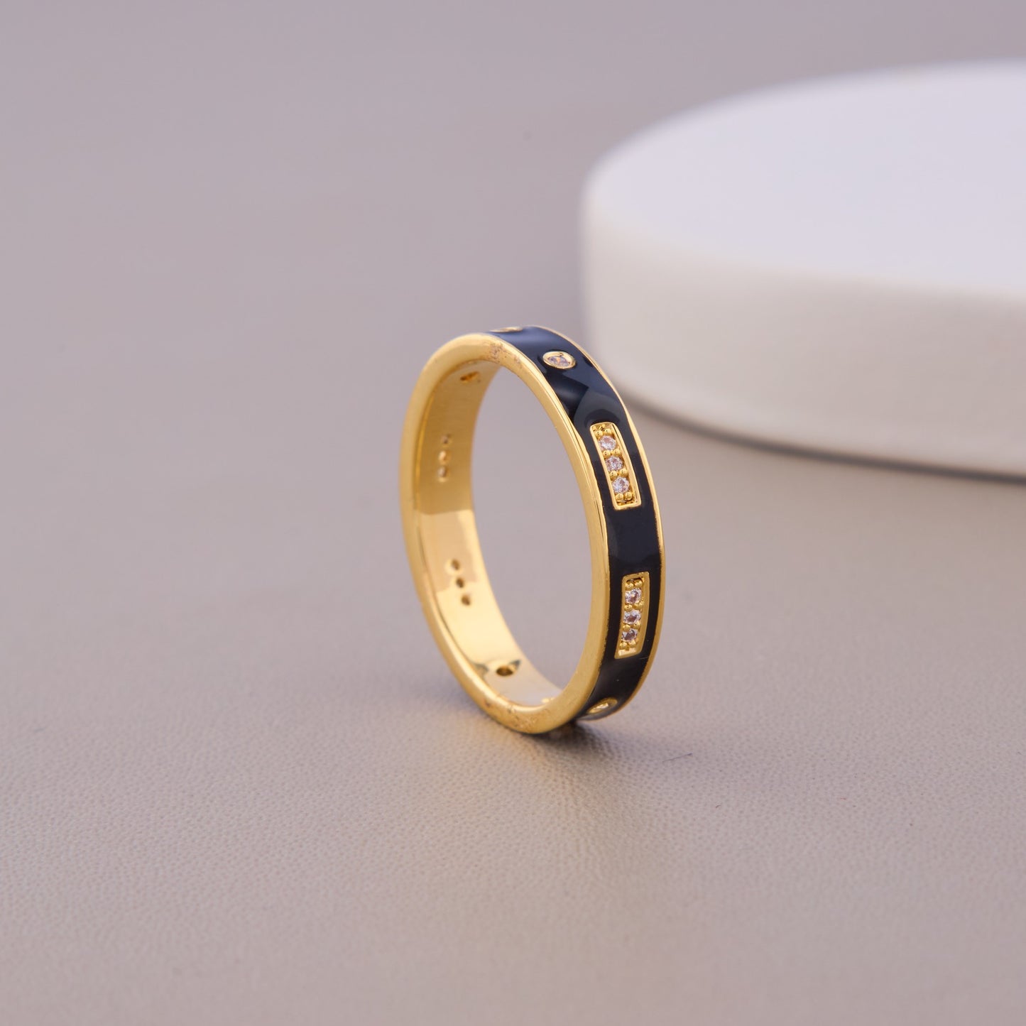 Gold Black Enamel CZ Ring