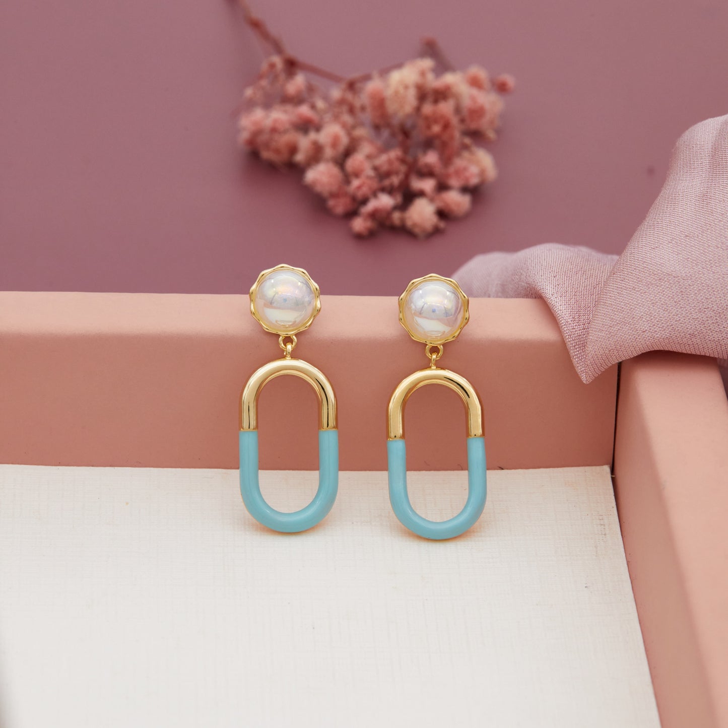 Gold and Sky Blue Combination Oval Earrings