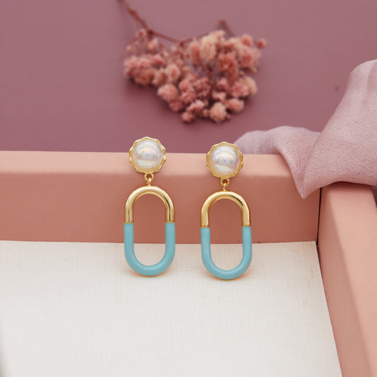 Gold and Sky Blue Combination Oval Earrings