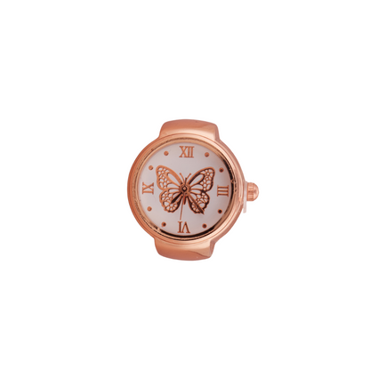 Elegant Rose Gold Ring Watch with Butterfly Dial & Roman Numerals