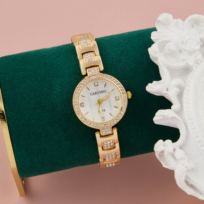Elegant Gold Women’s Watch with Crystal-Studded Dial & Bracelet