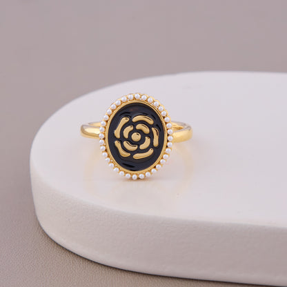 Black Enamel Floral Oval Ring