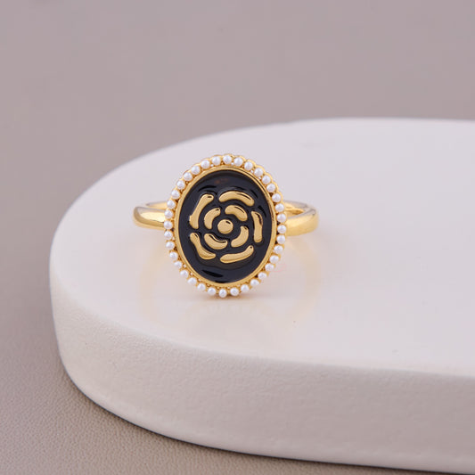 Black Enamel Floral Oval Ring