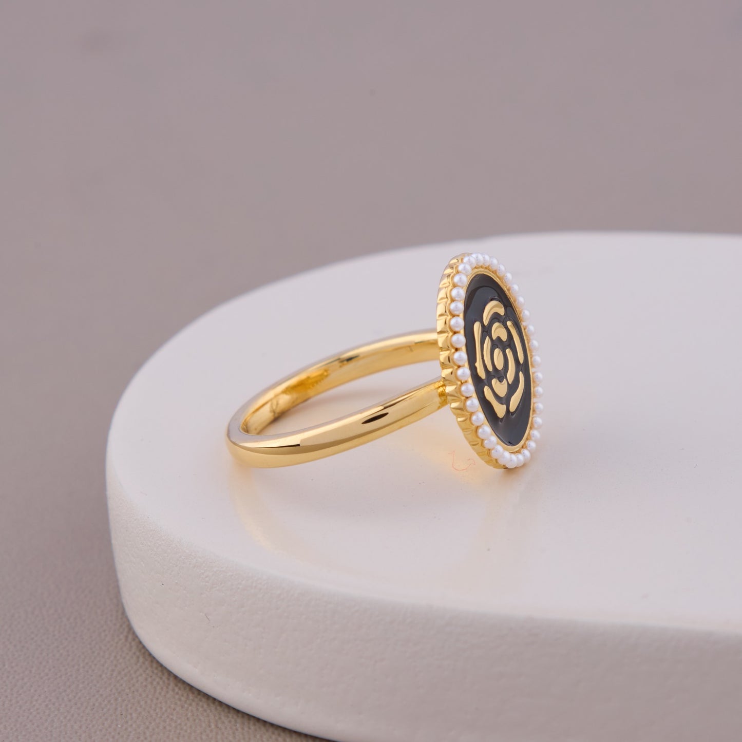 Black Enamel Floral Oval Ring