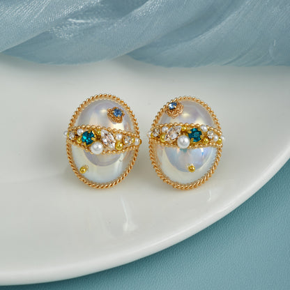 Gold Plated Oval Stud Earrings with Crystals & Beads